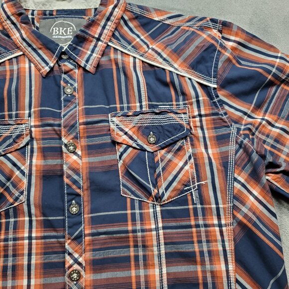 BKE Athletic Fit Long Sleeve Button Up Plaid Shirt Navy Burnt Orange Men Sz XL - Picture 5 of 12